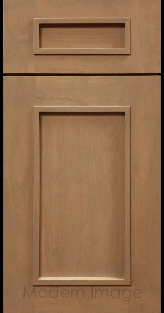 Honey-stained Gilbert cabinet a recessed flat panel and elevated molding.